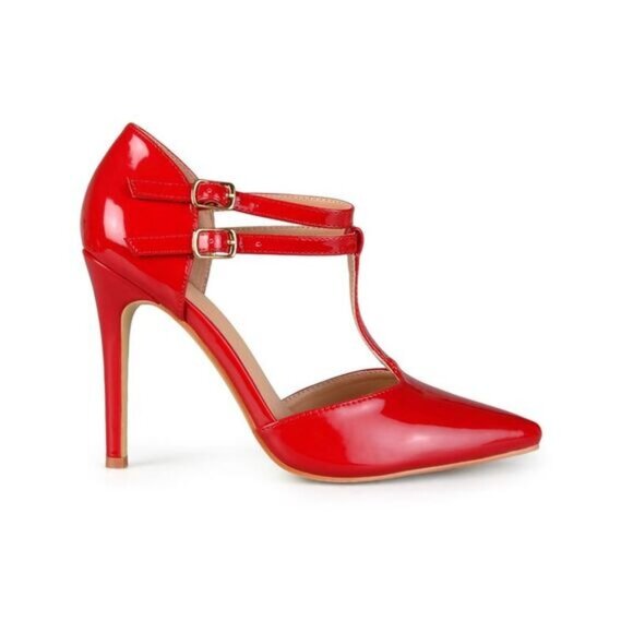 Red Journee Pointed Toe T-Strap Sz 8 Pumps With Double Buckle Strap Women's High - Picture 6 of 6